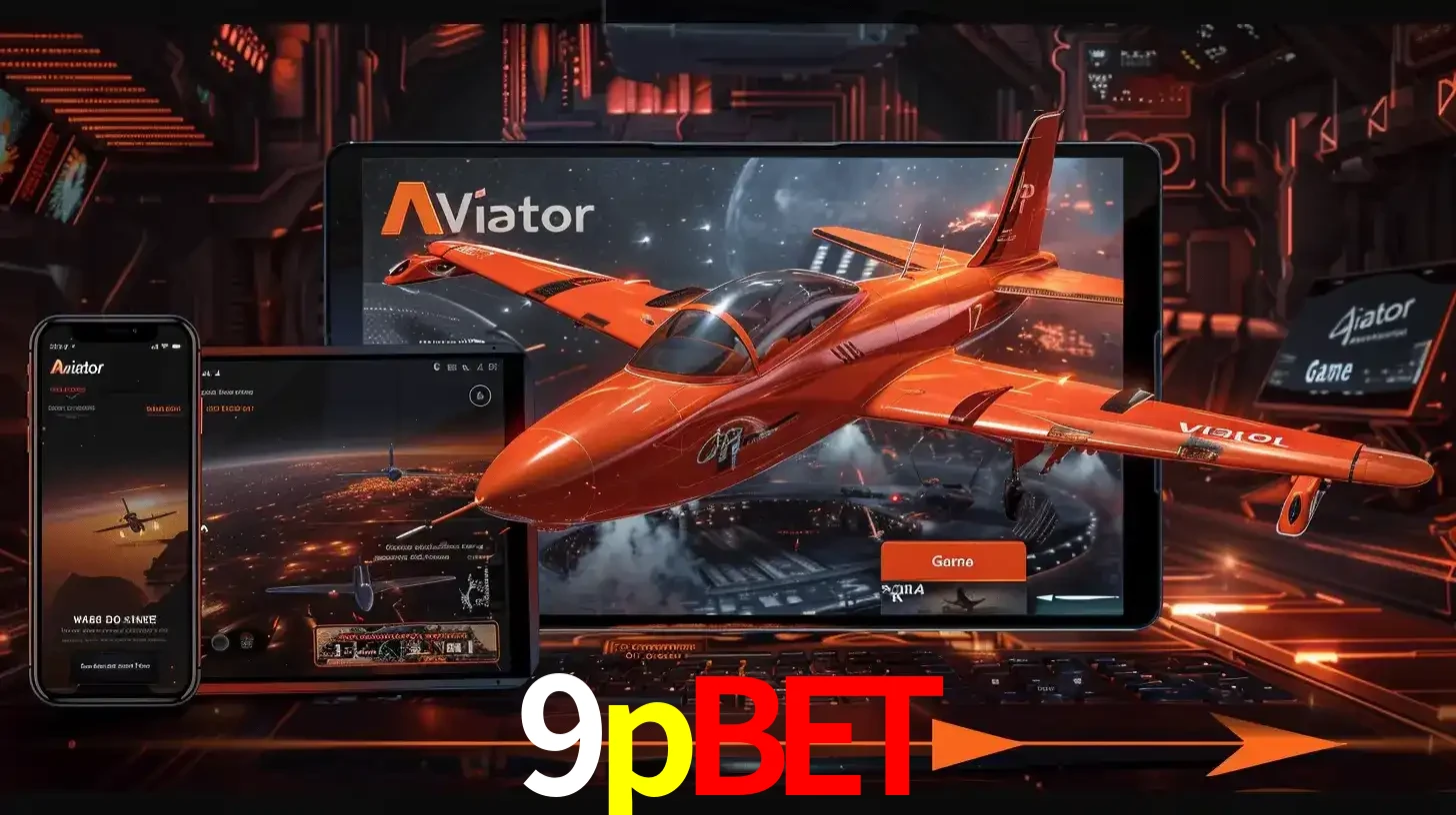 Apresentação tecnológica do jogo Aviator com um avião saindo da tela de um tablet, demonstrando a experiência imersiva em múltiplos dispositivos no 9pbet.