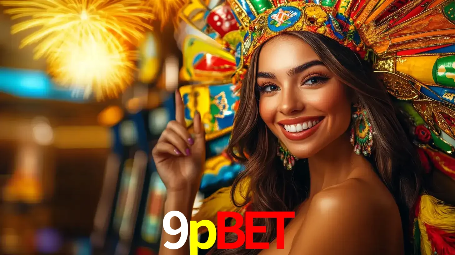 Mulher sorridente com um cocar de carnaval vibrante e colorido, celebrando uma grande vitória nos jogos do cassino 9pbet com fogos de artifício ao fundo.