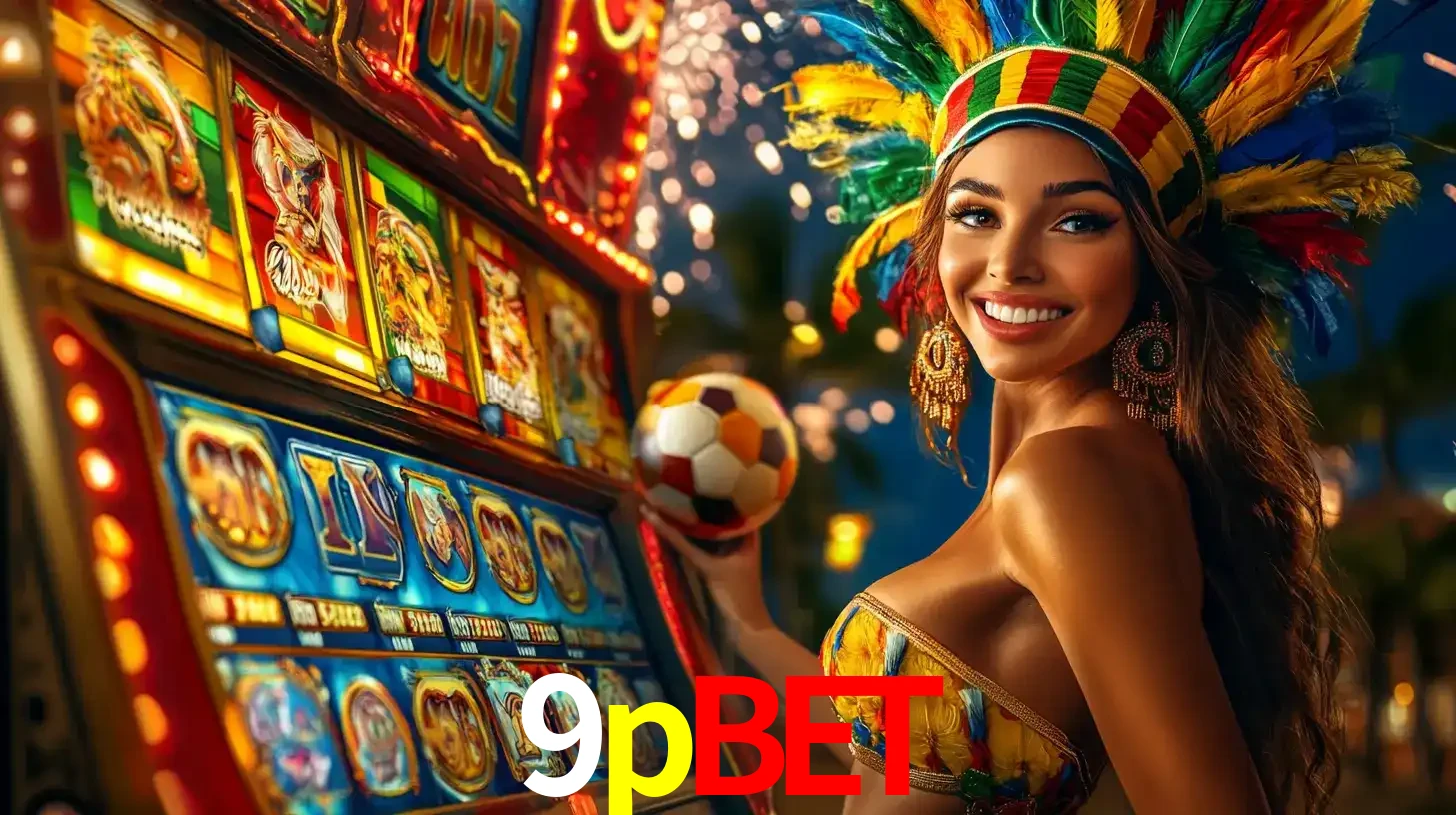 Mulher com um cocar de carnaval ao lado de uma máquina de caça-níqueis enquanto segura uma bola de futebol, mostrando a união da diversão de cassino e esportes no 9pbet.