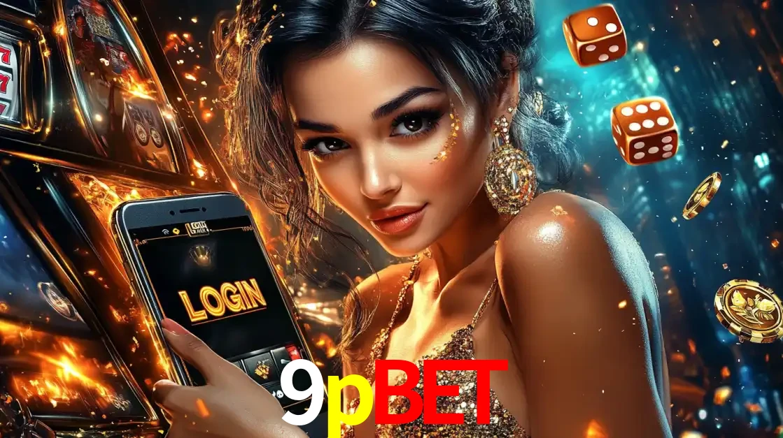 Mulher glamourosa segurando um celular com a tela de login do cassino 9pbet, rodeada por dados e moedas douradas, pronta para começar a diversão.