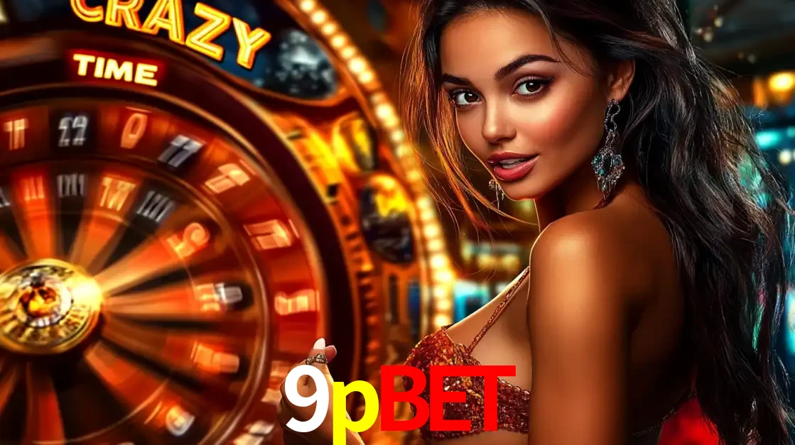 Mulher ao lado da roda de prêmios do jogo de cassino ao vivo Crazy Time, um dos shows de jogos mais emocionantes oferecidos pela plataforma de apostas 9pbet.