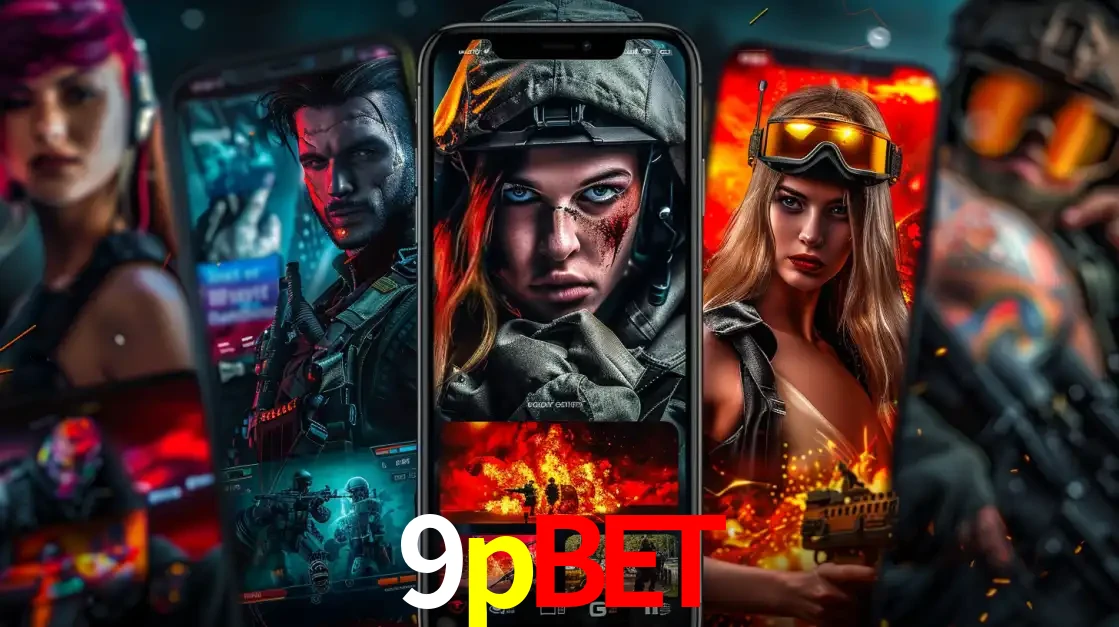 Montagem de telas de celular mostrando diversos personagens, masculinos e femininos, de um jogo de tiro, ilustrando a diversidade de equipes de e-sports para apostar no 9pbet.