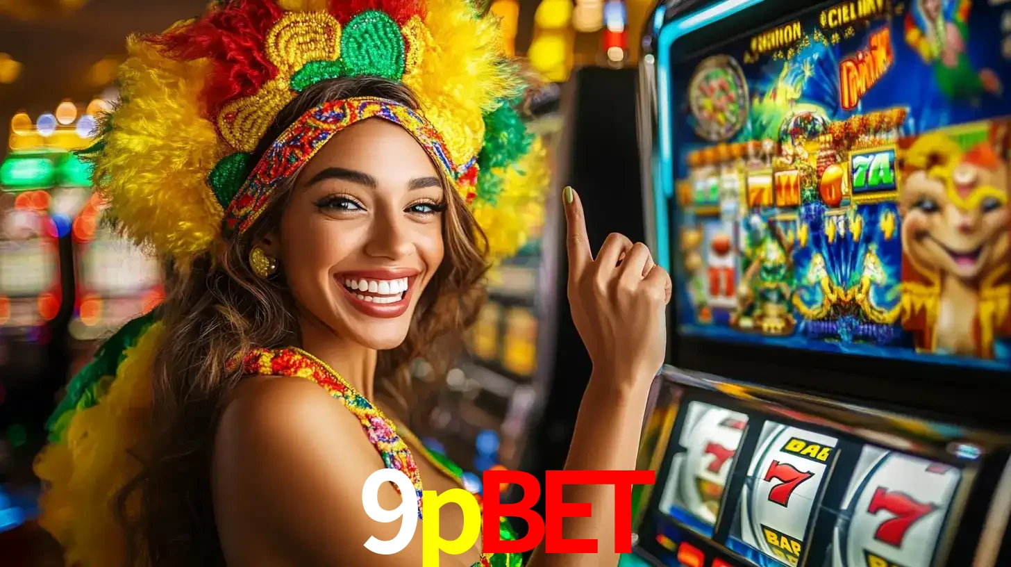 Mulher animada com um cocar de carnaval apontando para uma máquina de caça-níqueis, mostrando a emoção de ganhar um grande prêmio nos jogos do 9pbet.