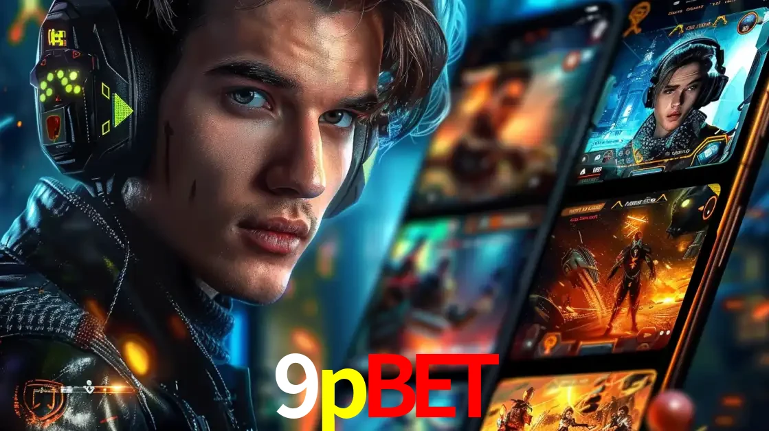 Jovem jogador com fones de ouvido olhando para a câmera, com um aplicativo de jogos e e-sports para celular ao fundo, pronto para a competição e apostas no 9pbet.