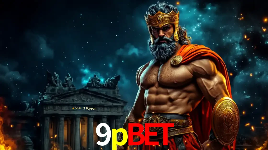O poderoso Zeus do jogo de slot Gates of Olympus em frente ao seu templo, pronto para lançar multiplicadores divinos e prêmios épicos no cassino online 9pbet.