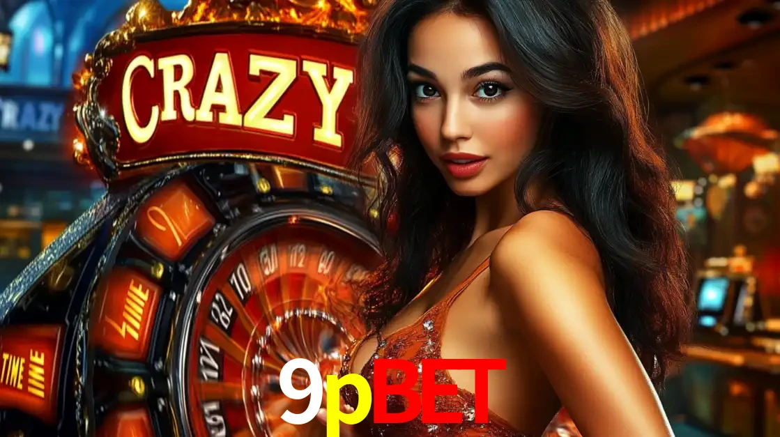 Mulher glamourosa olhando para a câmera com a roda vermelha do Crazy Time ao fundo em um ambiente de cassino, destacando a emoção dos jogos ao vivo no 9pbet.