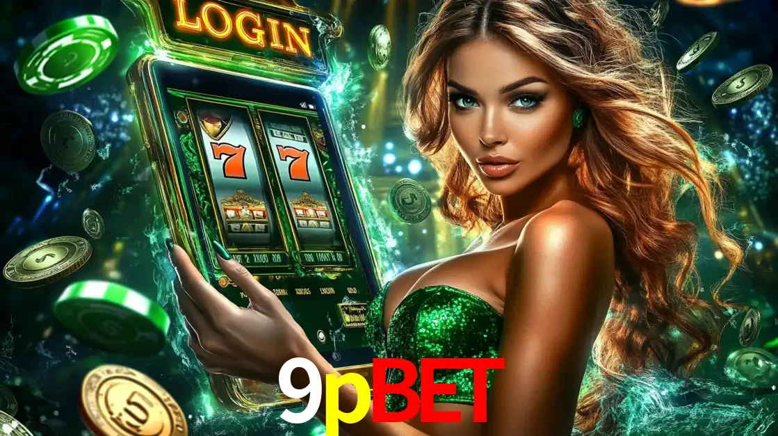Mulher com tema verde apresentando o aplicativo do cassino 9pbet com um jogo de slot de 777, cercada por fichas de cassino e uma aura de sorte.
