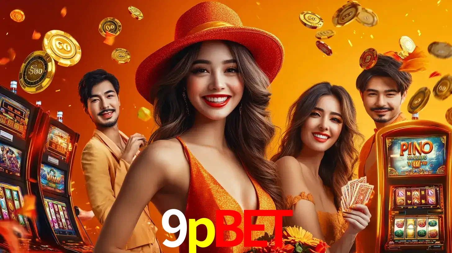Grupo de amigos asiáticos sorrindo e se divertindo com máquinas de caça-níqueis em um ambiente festivo, celebrando suas vitórias nos jogos de cassino do 9pbet.
