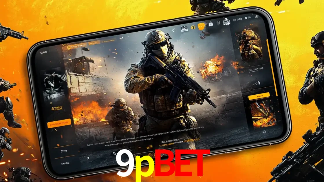 Um smartphone exibindo a interface de um jogo de tiro em primeira pessoa, com um soldado em um cenário de batalha, representando a ação dos e-sports para apostar no 9pbet.
