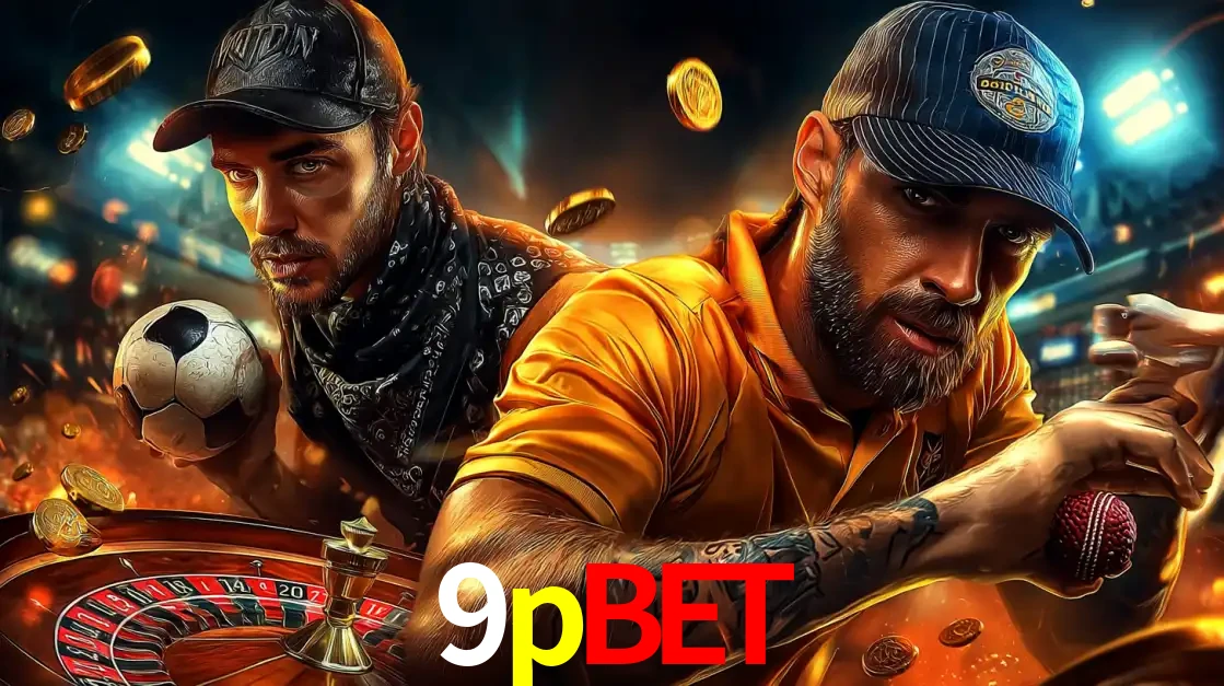 Montagem de apostas esportivas e cassino no 9pbet, com um homem segurando uma bola de futebol e outro uma de beisebol sobre uma roleta e moedas voadoras.