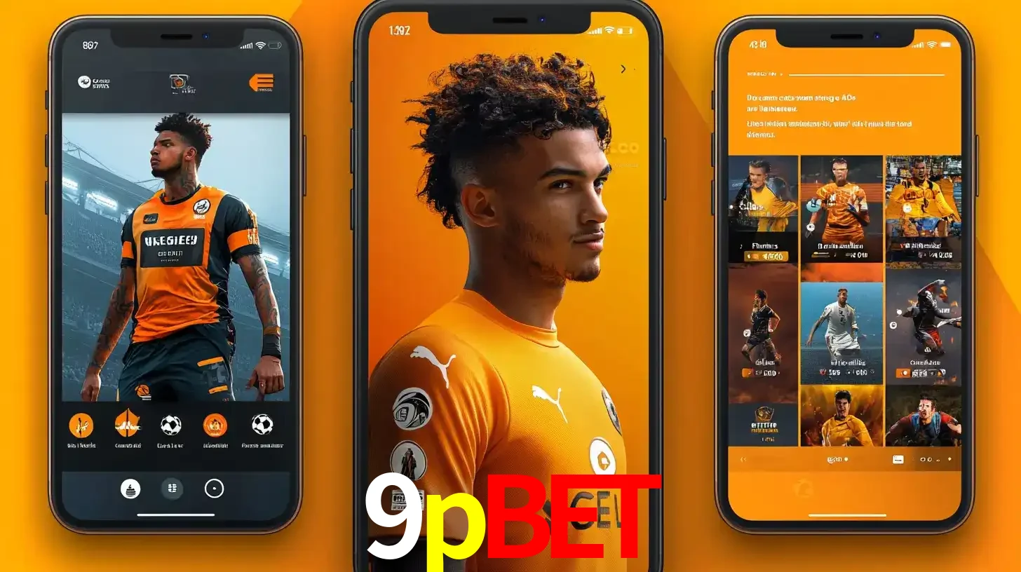 Interface do aplicativo de apostas esportivas 9pbet em três telas de celular, mostrando o perfil de um jogador de futebol e a lista de jogos disponíveis para apostar.