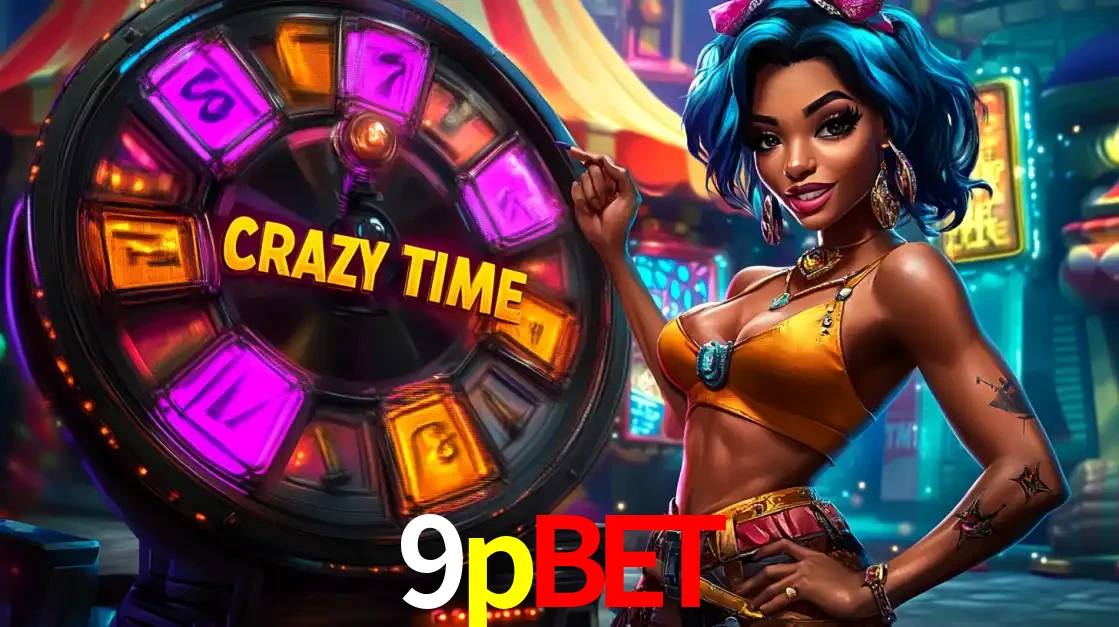 Mulher estilizada com cabelo azul e visual vibrante posando ao lado da roda de prêmios do game show Crazy Time, convidando para a diversão e os bônus do cassino 9pbet.