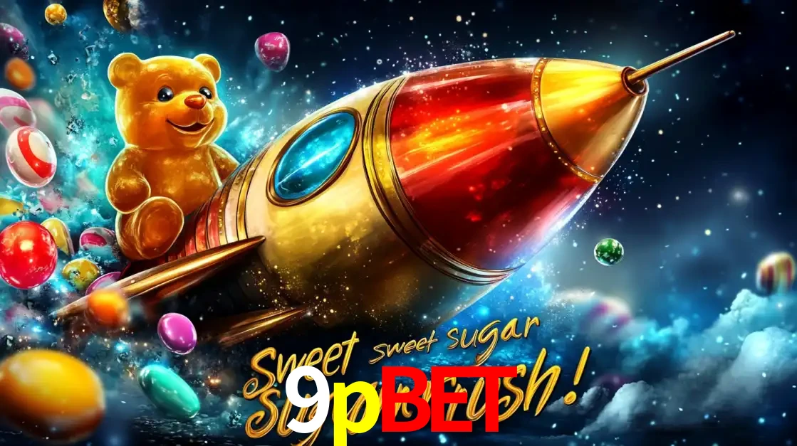 Arte promocional do jogo de slot Sugar Rush, com um urso de pelúcia em um foguete viajando pelo espaço de doces, um dos jogos divertidos disponíveis no cassino 9pbet.