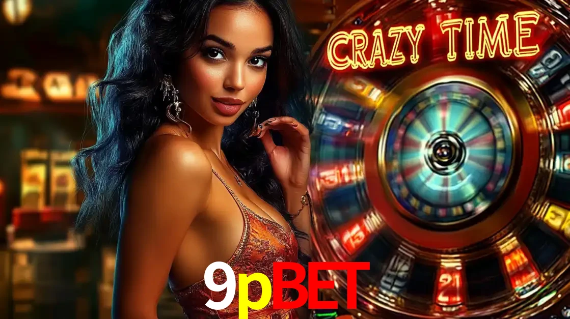 Mulher elegante ao lado da vibrante roda da fortuna do jogo de cassino ao vivo Crazy Time, um dos game shows mais populares e cheios de prêmios do 9pbet.