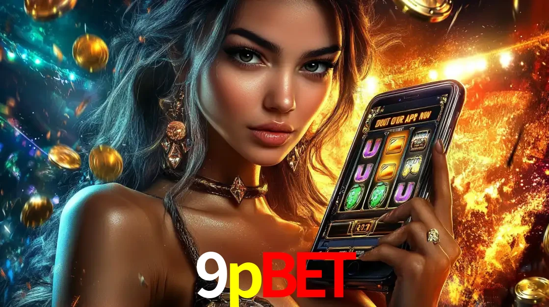 Mulher elegante mostrando um jogo de caça-níqueis em seu smartphone, destacando a experiência de cassino móvel oferecida pelo aplicativo 9pbet.