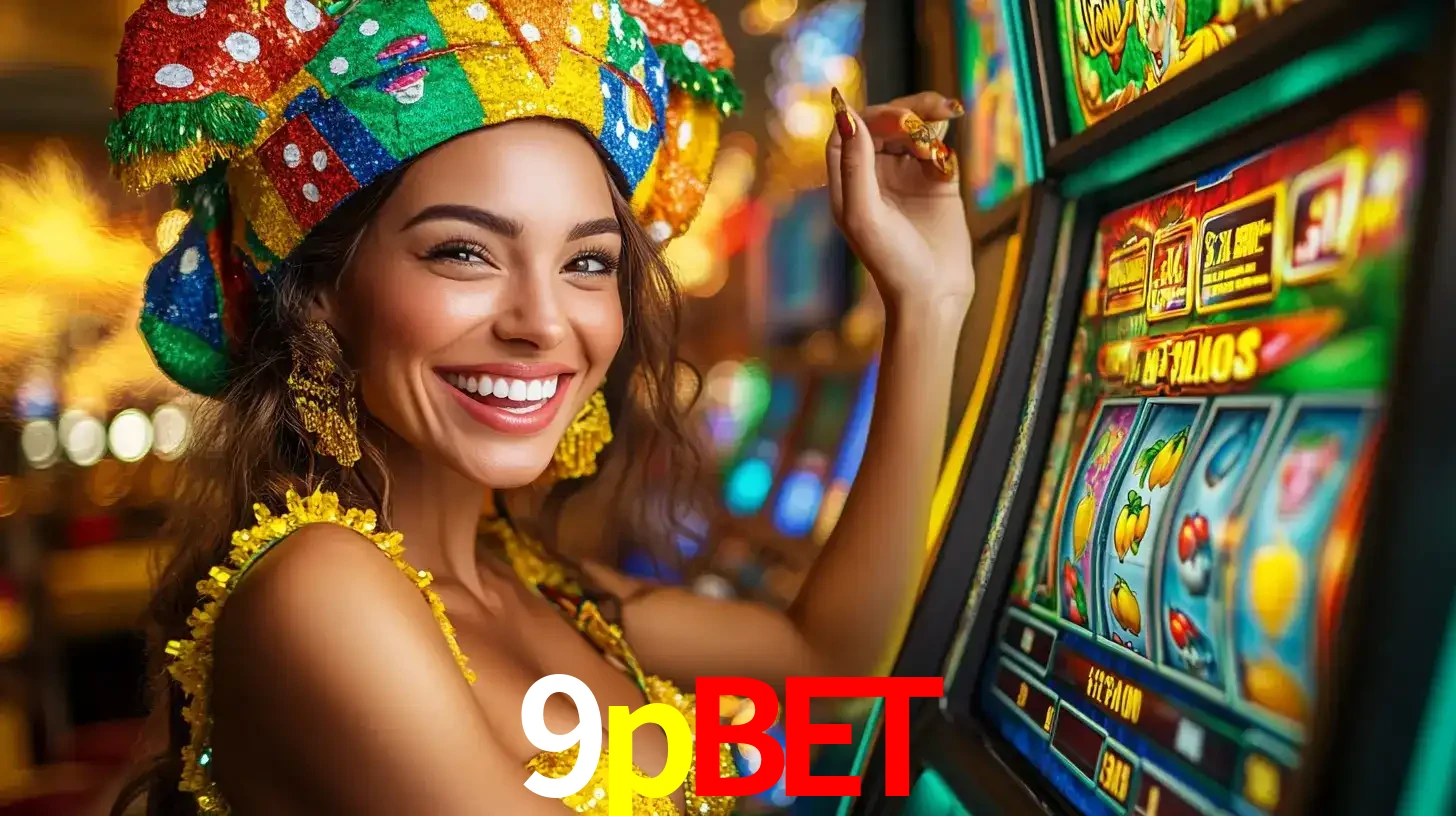 Mulher feliz com traje de carnaval amarelo e colorido ao lado de uma máquina de caça-níqueis, aproveitando a diversão e os jogos temáticos do cassino 9pbet.