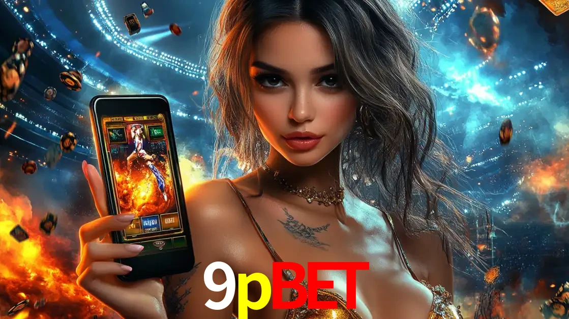 Mulher segurando um celular com um jogo de slot em destaque, tendo como fundo um estádio vibrante, simbolizando a emoção de jogar no cassino móvel 9pbet.