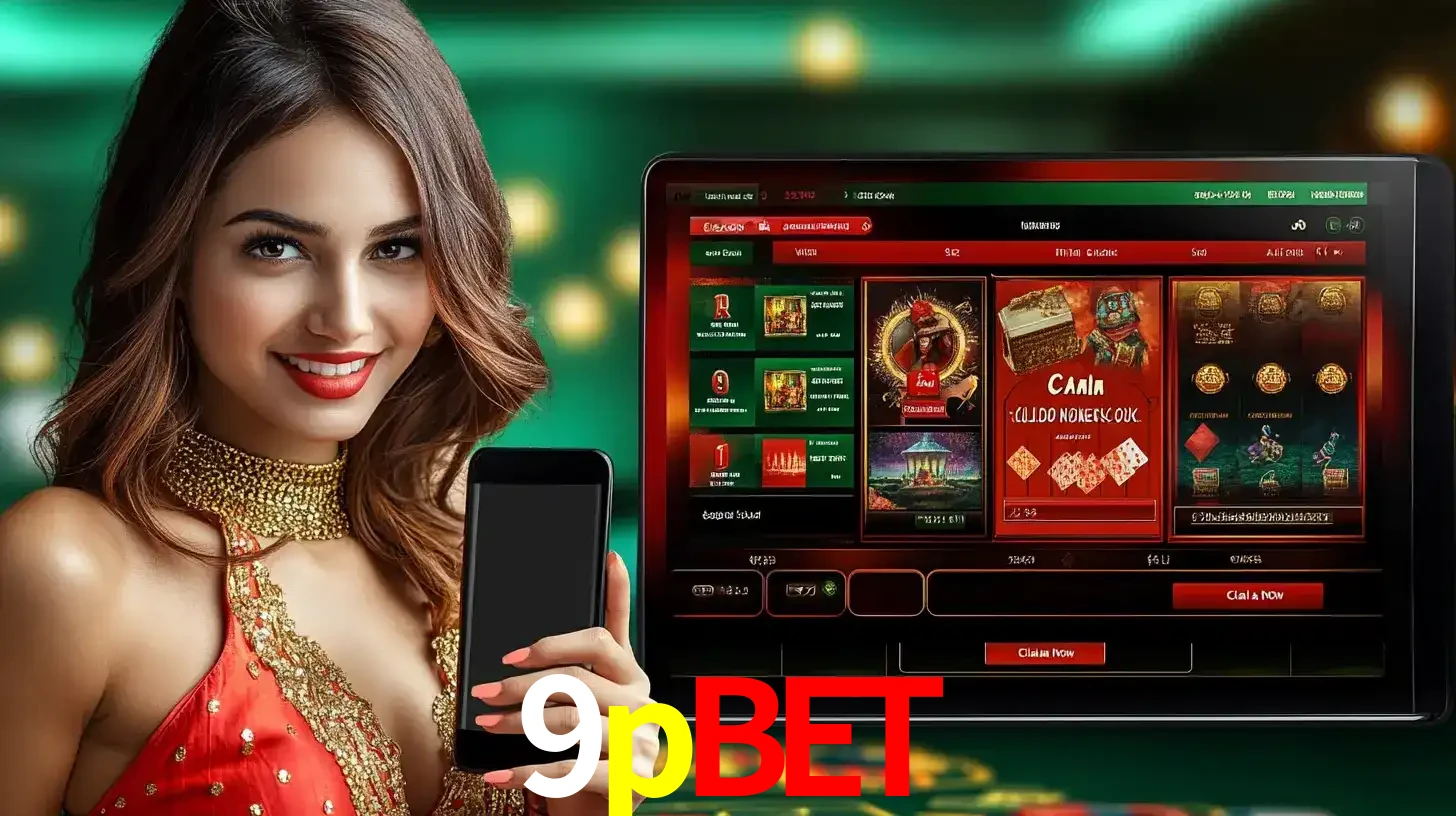 Mulher sorridente segurando um smartphone, ao lado de uma tela exibindo o lobby de jogos do cassino online 9pbet, com várias opções de jogos de cartas e slots.
